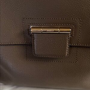 Furla Dark Taupe Pebbled Leather Satchel with Gold Accent, crossbody